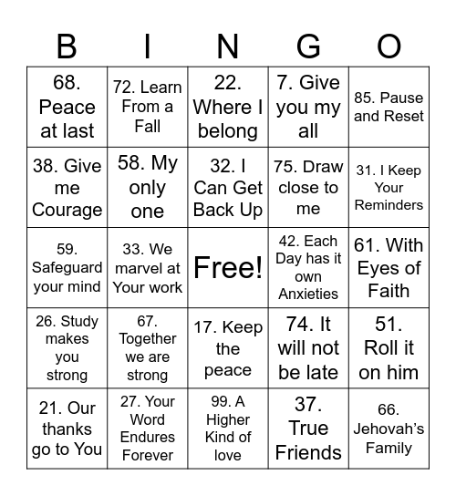The Original Song Bingo Card
