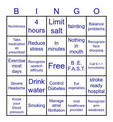 Stroke Prevention Bingo Card