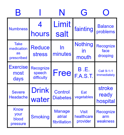 Stroke Prevention Bingo Card