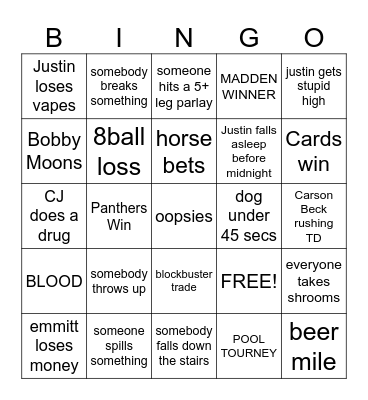 JUSTIN’S BACH TRIP Bingo Card