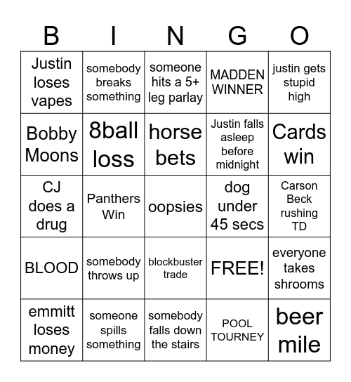 JUSTIN’S BACH TRIP Bingo Card