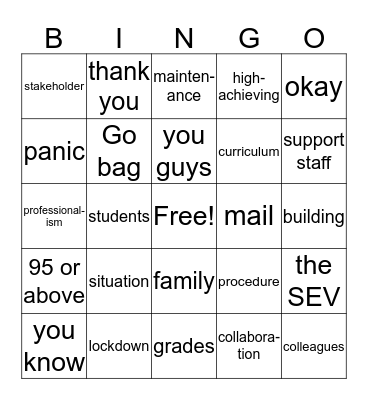 Faculty Meeting Fun Bingo Card