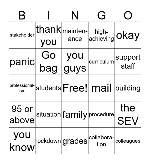 Faculty Meeting Fun Bingo Card