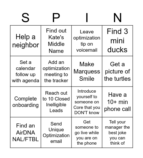 SPIN to WIN BINGO Card