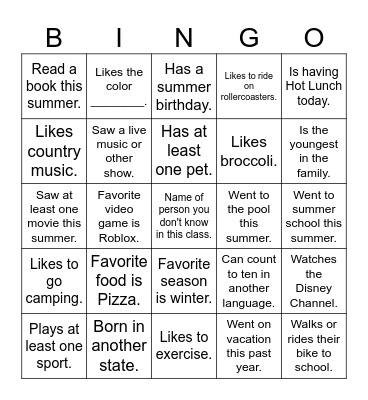 All About Me Bingo Card