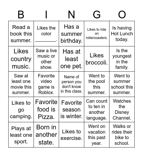 All About Me Bingo Card