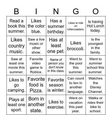 All About Me Bingo Card