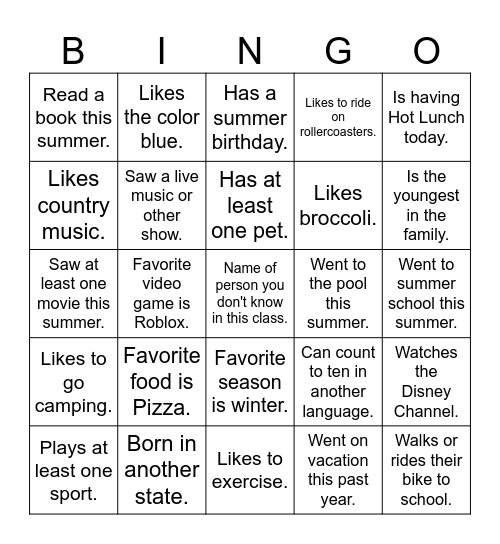 All About Me Bingo Card