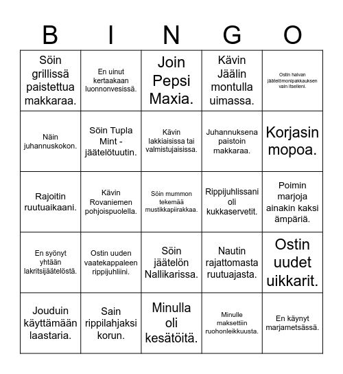 Kesälomamuistoja Bingo Card