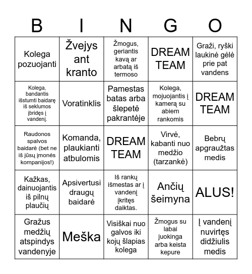 DREAM TEAM Kayak Bingo Card