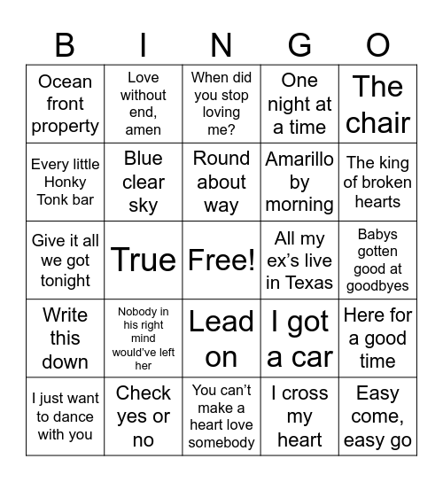 George Strait Bingo Card