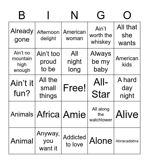 Songs That Start With A Bingo Card