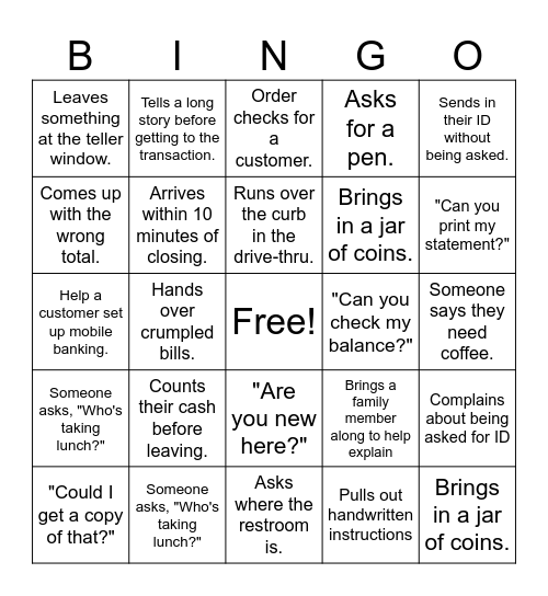 Daily Bank Mentions Bingo Card