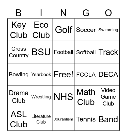 Extracurricular BINGO Card