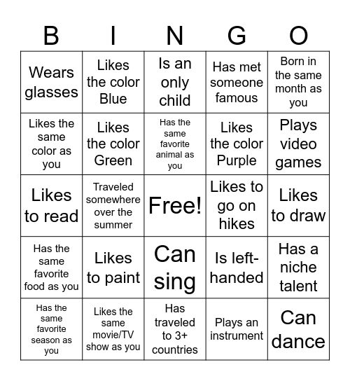 Orientation Bingo Card