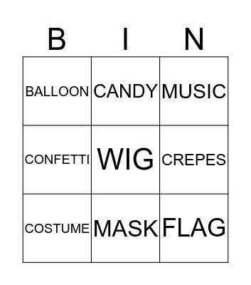 CARNIVAL Bingo Card