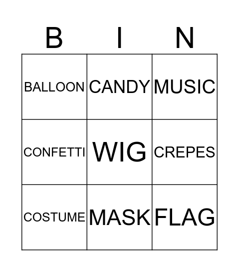 CARNIVAL Bingo Card