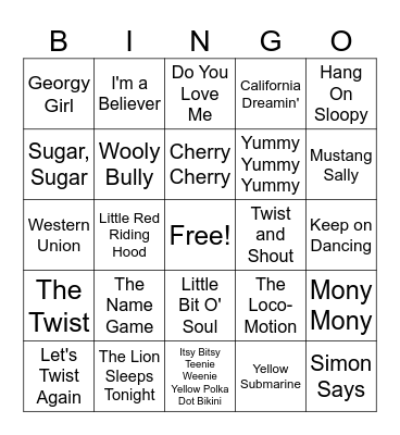 1960s Hits Bingo Card