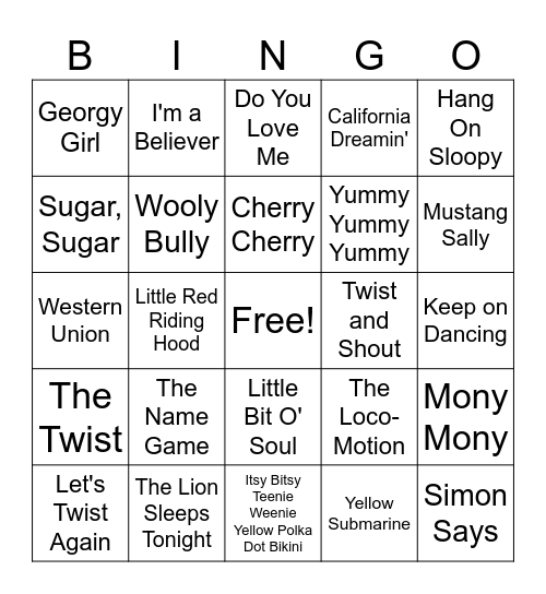 1960s Hits Bingo Card