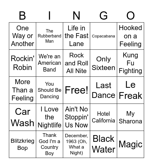 1970s Hits Bingo Card