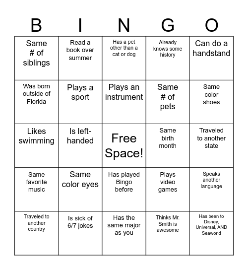 Icebreaker Bingo Card
