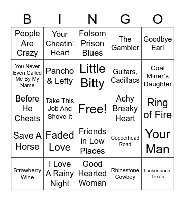 COUNTRY HITS Bingo Card