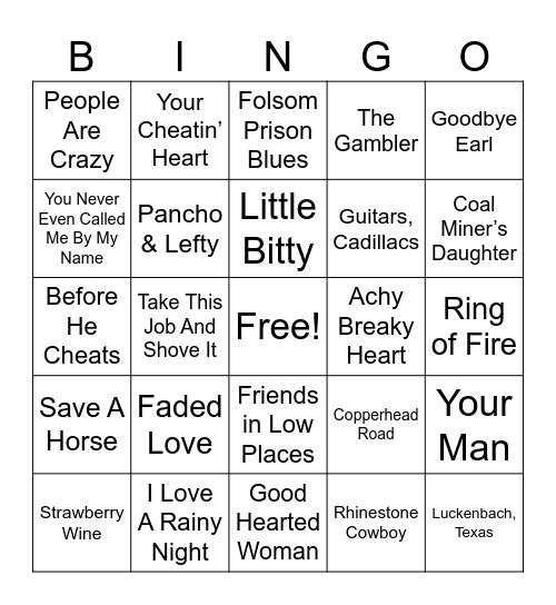 COUNTRY HITS Bingo Card