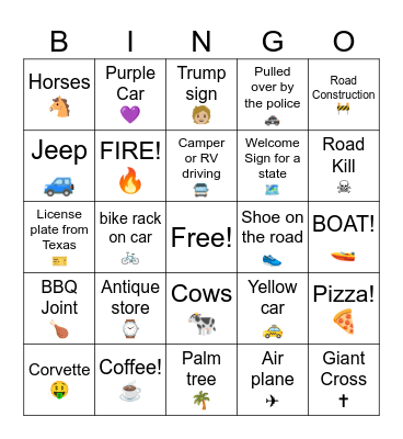 Road trip Bingo Card