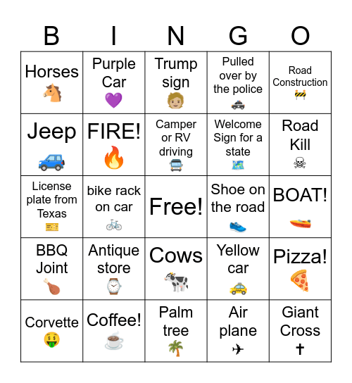 Road trip Bingo Card