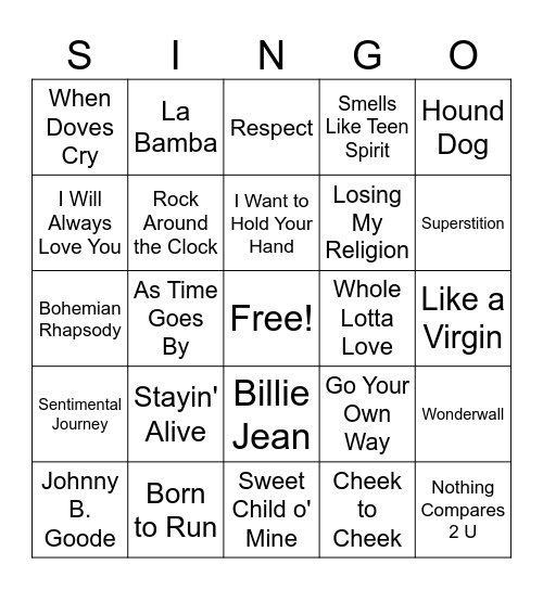 Top Songs Through the Decades Bingo Card