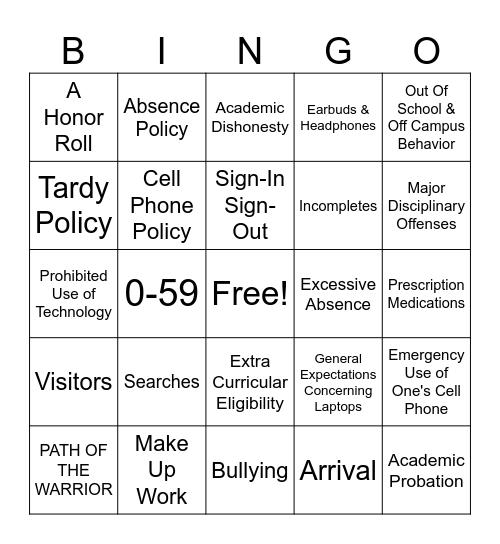 Handbook Review Bingo Card