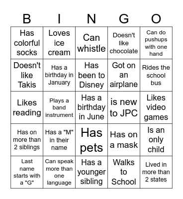 Middle School BINGO: Find someone who... Bingo Card