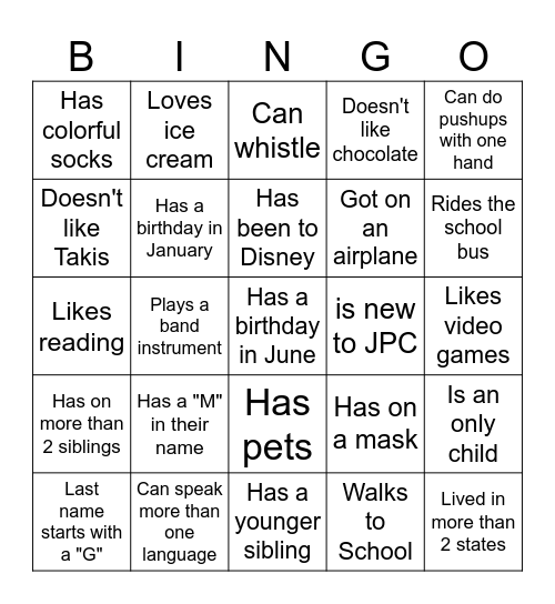 Middle School BINGO: Find someone who... Bingo Card