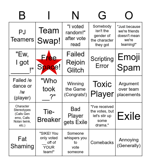 Total Roblox Drama Bingo (Camp) (Vid Safe) Bingo Card