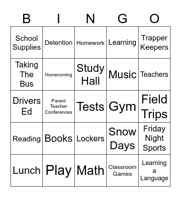 Back To School Bingo Card