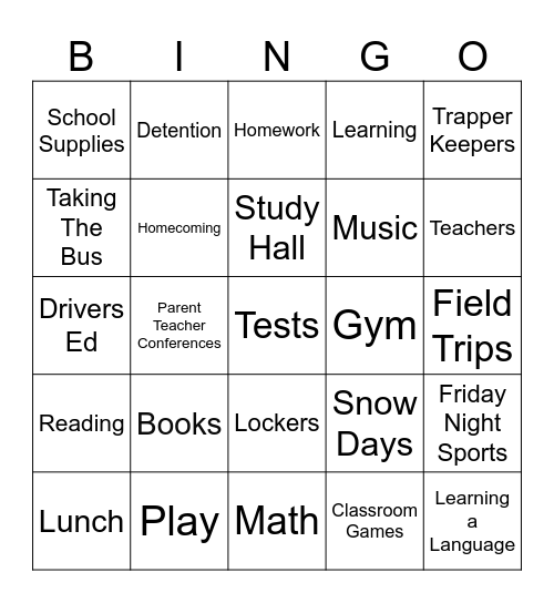 Back To School Bingo Card