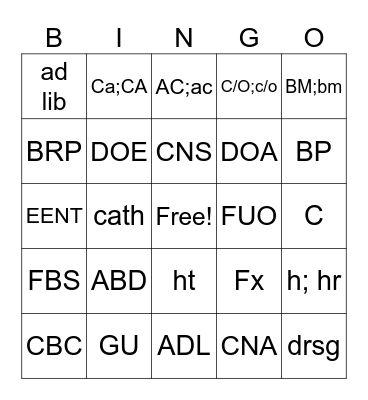 Medical Abbreviations Bingo Card