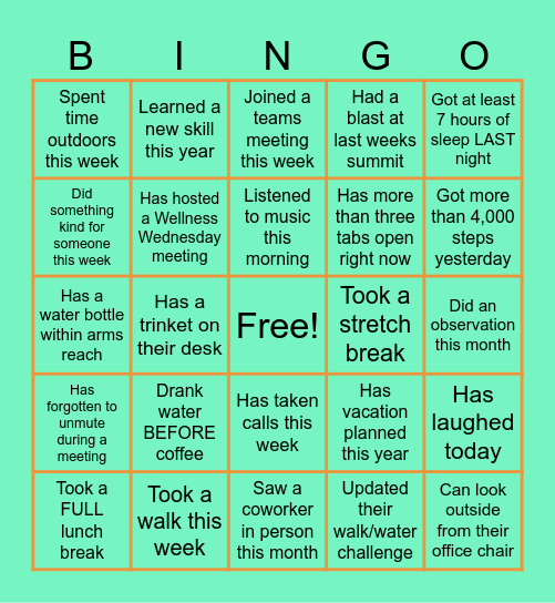 Wellness Wednesday Bingo Card
