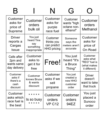 Customer Questions, Phrases & Staff Commentary Bingo Card