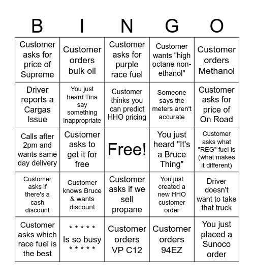 Customer Questions, Phrases & Staff Commentary Bingo Card