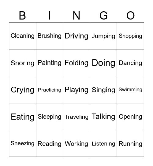 Past Progressive Bingo Card