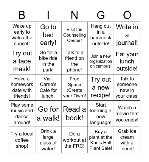 Self-Care Bingo! Bingo Card