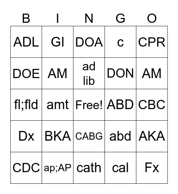 Medical Abbreviations Bingo Card