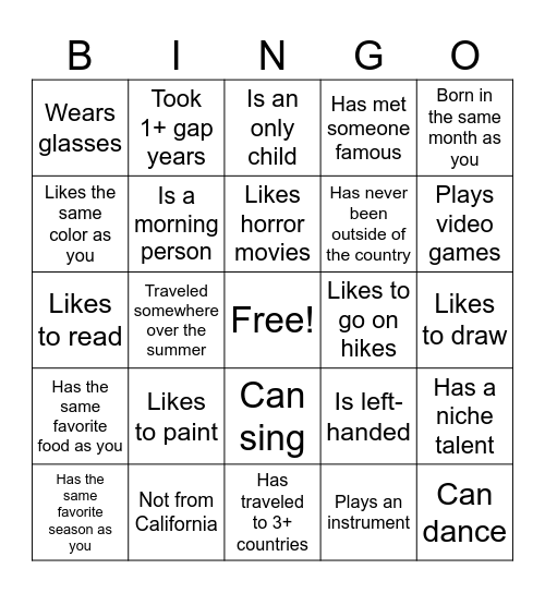 Orientation Bingo Card