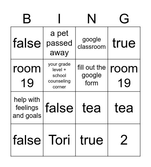 Meet the School Counselor Bingo Card