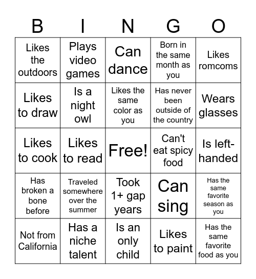 Orientation Bingo Card