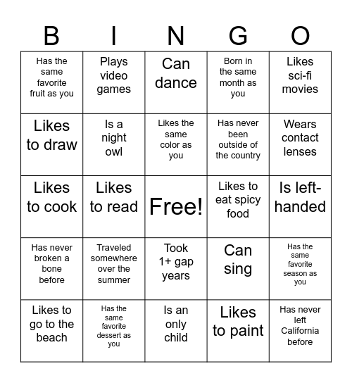 Orientation Bingo Card