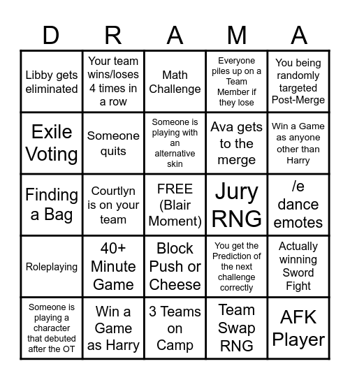 Roblox Total Drama Speedrun Bingo% Bingo Card