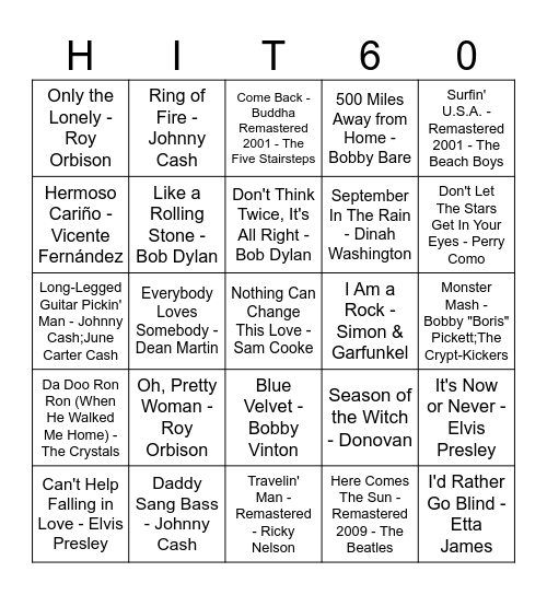 60's Hits Bingo Card