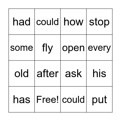 Sight Word Bingo Card